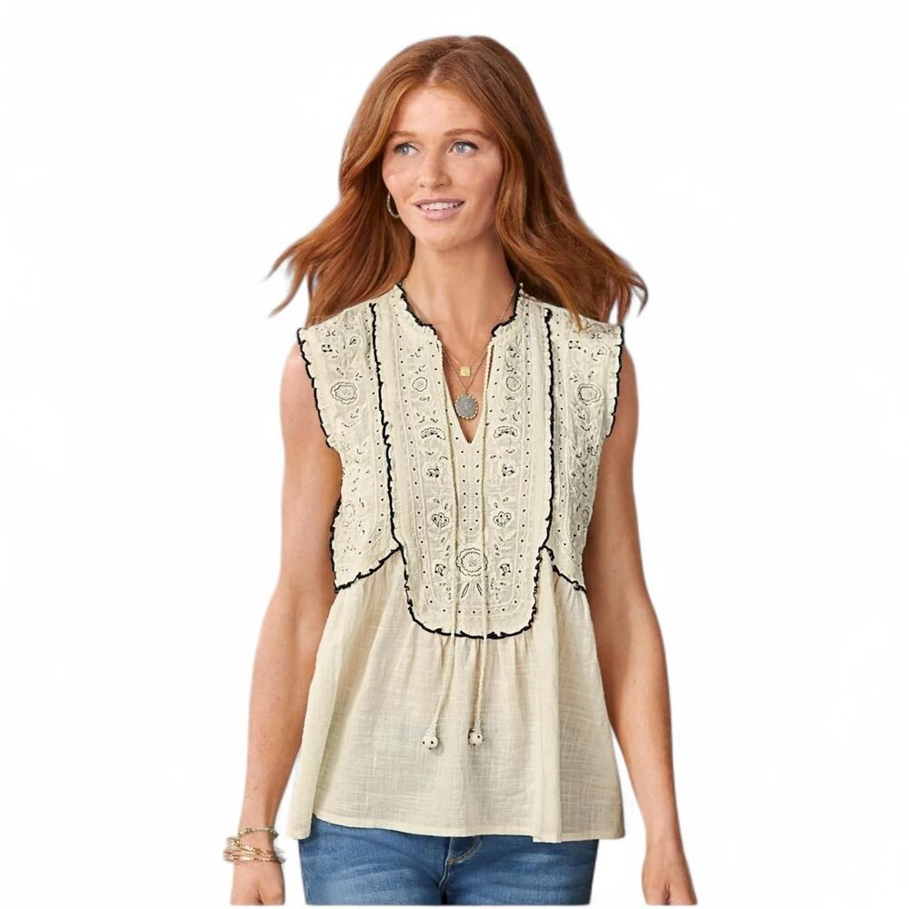 Sundance Blouse Women's sz Med, Cream, Boho Cottagecore with Embroidered Lace